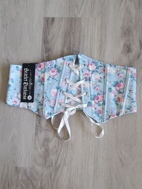 Light Blue Floral Lace-Up Waist Corset Belt - Fantasy Accessory